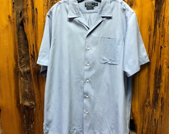 Vintage 90s Polo By Ralph Lauren Silk Linen Caldwell Light Blue Loop Collar Short Sleeve Shirt Size L