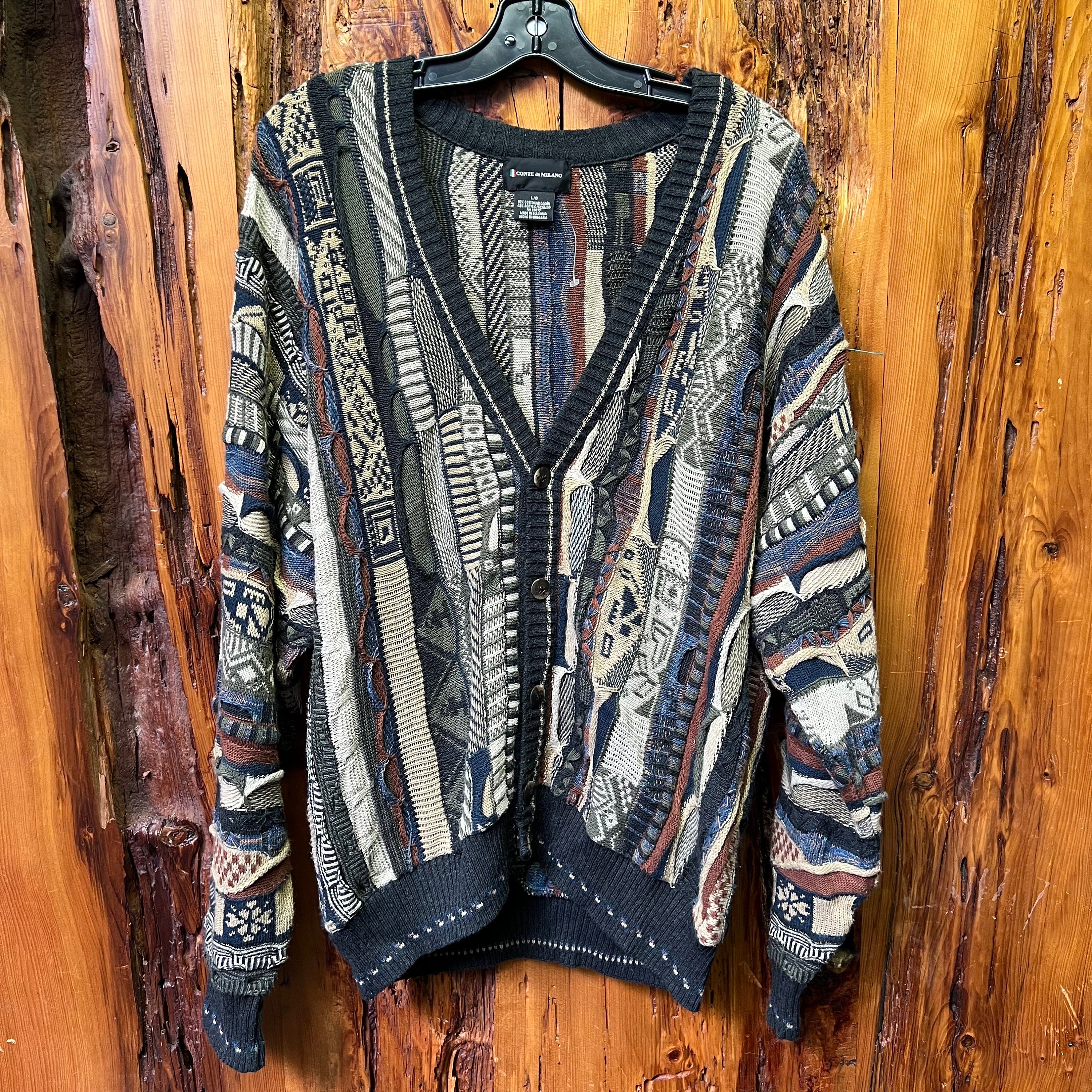 Vintage 90s Conte Di Milano Cotton Acrylic 3D Knit Cardigan Size L 