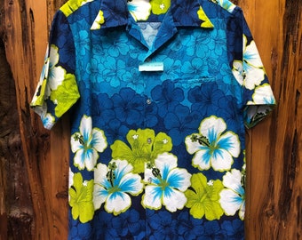 Vintage 70s Reef Hawaiian Shirt Navy Blue, Green and White Flowers Made in Hawaii Size L or XL