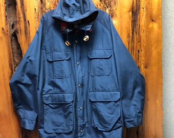 Vintage 90s woolrich Jacket Parka Navy Blue Hooded Plaid Blanket Flannel Lined MSA Made Jacket Size L