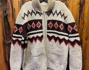 Vintage 50s 60s Cowichan Full Zip Hand Made Wool Knitted Cardigan Size  L-XL