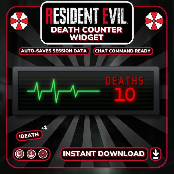 Twitch Death Counter Widget - Saves Session Data - Animated Resident Evil Style with Chat Commands