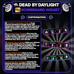 Puede incluir: Gr&aacute;fico p&uacute;rpura oscuro para un widget de marcador Dead by Daylight Pro. La imagen presenta texto sobre opciones de personalizaci&oacute;n, incluido el control de tipograf&iacute;a, la combinaci&oacute;n de colores y un motor de terror modular. Tambi&eacute;n hay tres ejemplos de marcadores.