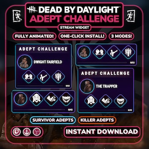 May include: A Dead by Daylight Adept Challenge stream widget graphic featuring character portraits for Dwight Fairfield and The Trapper, alongside perk icons, progress bars, and text labels for survivor and killer adept challenges with a dark background.