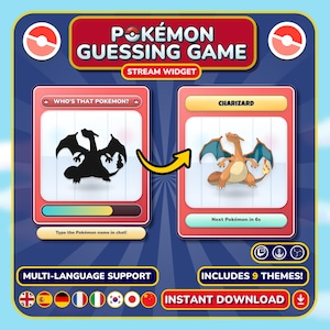 May include: A digital Pokémon Guessing Game stream widget featuring a silhouette of Charizard on the left and the revealed orange, blue, and cream-colored Charizard on the right. The interface includes text prompts, a timer, and icons for multi-language support.