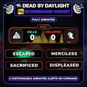 Puede incluir: Un widget de marcador digital para el juego Dead by Daylight. La interfaz muestra "Kills" y "Escapes" con valores num&eacute;ricos. Las alertas adicionales incluyen "Escaped", "Merciless", "Sacrificed" y "Displeased". Tambi&eacute;n est&aacute; presente el texto "Fully Animated" y "4 Customisable Animated Alerts on Command".