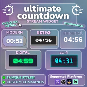 Widget de cuenta regresiva para Twitch / 5 estilos profesionales, animado, controlado por chat / Personalizable / StreamElements / StreamLabs