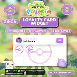 Könnte beinhalten: Eine digitale Grafik, die für ein "Loyalty Card Widget" für "Poképia" wirbt. Das Design weist ein lila und grünes Farbschema mit dem Text "Chat Integrated", "Fully Animated" und "One-Click Install" auf. Ein Benutzerprofil zeigt "jackdeeney" mit der Stempelanzahl "42".