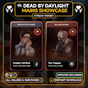 May include: A digital graphic for a Dead by Daylight Mains Showcase stream widget. The design features two character cards, one for Survivor Main Dwight Fairfield and one for Killer Main The Trapper, each with a level of 21. Text includes "All Killers & Survivors" and "Instant Download."