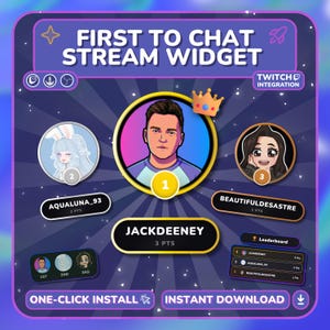 Puede incluir: Gráfico digital para un widget de transmisión de Twitch, con avatares de dibujos animados y una tabla de clasificación. El texto dice "FIRST TO CHAT STREAM WIDGET" e incluye botones "ONE-CLICK INSTALL" e "INSTANT DOWNLOAD". El diseño es morado y azul.