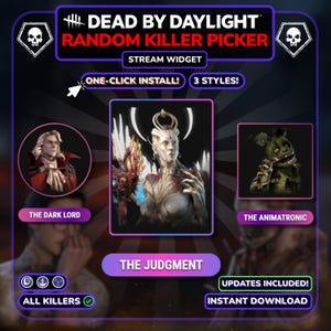 以下が含まれることがあります： Dead by Daylight Random Killer Pickerストリームウィジェットのグラフィック。The Dark Lord、The Animatronic、The Judgmentのテキストラベルが含まれています。ドクロのアイコン、カーソルアイコン、One-Click Installおよび3 Stylesのボタンがデザインされています。