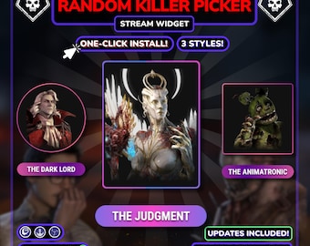 Könnte beinhalten: Ein Dead by Daylight Random Killer Picker Stream-Widget mit Textbeschriftungen für The Dark Lord, The Animatronic und The Judgment. Das Design enthält Totenkopf-Symbole, einen Cursor und Schaltflächen für One-Click Install und 3 Styles.