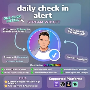 Könnte beinhalten: Werbegrafik für ein Stream-Widget mit einem Cartoon-Avatar in einem blauen Kreis. Der Text enthält "daily check in alert" und "STREAM WIDGET". Zu den Funktionen gehören anpassbare Farben, Animationen und Chat-Nachrichten. Unterstützt mehrere Plattformen.
