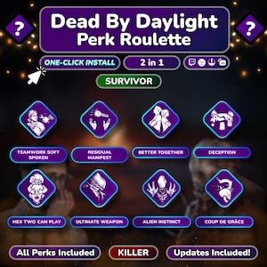 Può includere: Grafica promozionale per "Dead By Daylight Perk Roulette" con icone dei vantaggi. Il design include testo come "ONE-CLICK INSTALL" e "SURVIVOR", con testo aggiuntivo che indica "All Perks Included" e "Updates Included!"