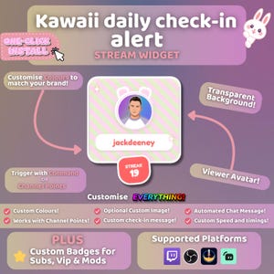 Könnte beinhalten: Grafik eines Kawaii-Stream-Widgets mit einem rosa-grün gestreiften Hintergrund. Das Widget zeigt einen Benutzeravatar, einen Benutzernamen und einen Zähler für die Serie an. Der Text enthält "Kawaii daily check-in alert", "Stream Widget" und Anpassungsoptionen.