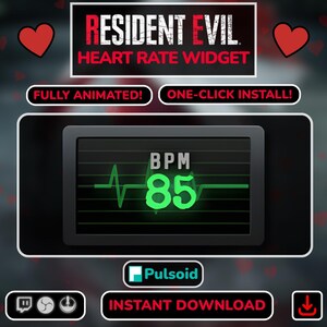 Könnte beinhalten: Ein digitales Herzfrequenz-Widget mit dem Text "RESIDENT EVIL" und "HEART RATE WIDGET". Das Display zeigt einen grünen Herzfrequenzmonitor mit den Zahlen "BPM 85". Das Bild enthält auch den Text "FULLY ANIMATED!" und "ONE-CLICK INSTALL!"