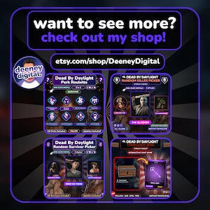 Puede incluir: Un gr&aacute;fico digital en morado y negro que muestra varios widgets del juego Dead by Daylight. La imagen incluye el texto "want to see more? check out my shop!" y una URL de la tienda de Etsy. Los widgets incluyen la ruleta de ventajas y la caja de bot&iacute;n.