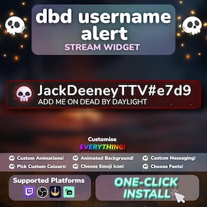 Puede incluir: Gráfico digital para un widget de transmisión de Dead by Daylight. El diseño presenta un icono de calavera, el texto "dbd username alert" y una visualización de nombre de usuario personalizable. Incluye opciones de animaciones, colores y mensajería, con instalación con un clic.