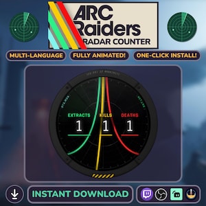 Può includere: Un contatore radar digitale con il testo "ARC Raiders" e "Radar Counter". Il display mostra "Extracts", "Kills" e "Deaths" con il numero "1" per ciascuno. Il testo aggiuntivo include "Multi-Language", "Fully Animated" e "One-Click Install!"
