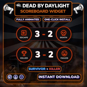 May include: A Dead by Daylight scoreboard widget graphic featuring orange and black colours. It displays text including Fully Animated, One-Click Install, Escape, Death, Killed, Failed, Survivor + Killer, and Instant Download with icons of megaphones and game stats.