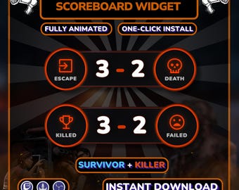May include: A Dead by Daylight scoreboard widget graphic featuring orange and black colors. It displays text including Fully Animated, One-Click Install, Escape, Death, Killed, Failed, Survivor + Killer, and Instant Download with icons of megaphones and game stats.