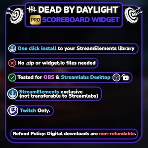 Puede incluir: Un gr&aacute;fico digital para un widget de marcador Dead by Daylight Pro. La imagen presenta texto que describe las caracter&iacute;sticas del widget, incluida la instalaci&oacute;n con un clic, la compatibilidad con OBS y Streamlabs y la exclusividad de StreamElements. El fondo es morado oscuro.