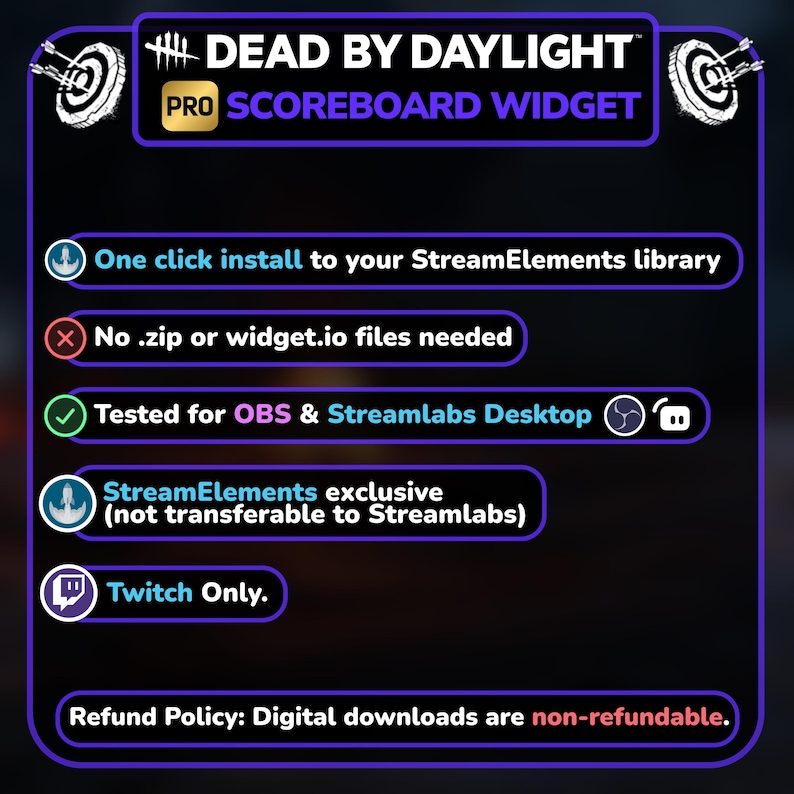 Puede incluir: Un gr&aacute;fico digital para un widget de marcador Dead by Daylight Pro. La imagen presenta texto que describe las caracter&iacute;sticas del widget, incluida la instalaci&oacute;n con un clic, la compatibilidad con OBS y Streamlabs y la exclusividad de StreamElements. El fondo es morado oscuro.