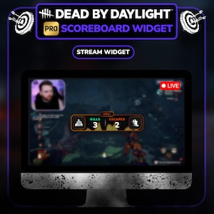 Puede incluir: Un monitor de computadora muestra una transmisi&oacute;n en vivo del juego Dead by Daylight. La pantalla muestra un widget de marcador con el texto "Kills: 3" y "Escapes: 2". La parte superior de la pantalla tiene el logotipo del juego y las palabras "PRO SCOREBOARD WIDGET".