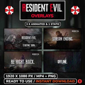 Peut inclure: Image d'un produit numérique avec des overlays Resident Evil pour le streaming. Le design comprend le logo Resident Evil, les symboles Umbrella Corporation et divers écrans de superposition animés et statiques avec du texte.