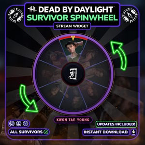 May include: A digital graphic for a Dead by Daylight Survivor Spinwheel stream widget. The design features a purple wheel with images of characters, a central image of Kwon Tae-Young, and green arrows. Text includes "Dead by Daylight," "Survivor Spinwheel," and "Stream Widget."