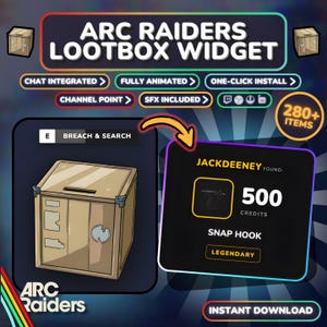 May include: Promotional graphic for "Arc Raiders Lootbox Widget." The image features a cartoon loot box, a display of in-game items, and text indicating features like "Chat Integrated" and "Instant Download." The graphic is designed to promote a gaming widget.