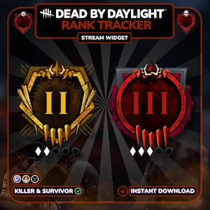May include: A digital graphic for a Dead by Daylight Rank Tracker. The design features two rank badges, one gold with a Roman numeral II and the other red with a Roman numeral III. Text includes "Dead by Daylight Rank Tracker" and "Stream Widget."