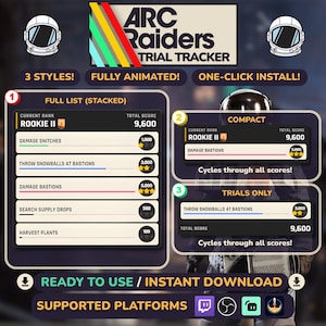 Könnte beinhalten: Digitalgrafik für "ARC Raiders Trial Tracker" mit drei Stilen, voll animiert und One-Click-Installation. Die Grafik zeigt eine Spieloberfläche mit Punkteverfolgung und unterstützten Plattformen.