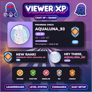 Op de afbeelding: Een digitale interface voor een kijkerservaringssysteem met de tekst VIEWER XP, CHAT XP + RANKS en voortgangsbalken voor gebruiker AQUALUNA_93. Bevat rang-iconen zoals NEWBIE, CHATTER, REGULAR, OG, LEGEND en diverse navigatieknoppen.