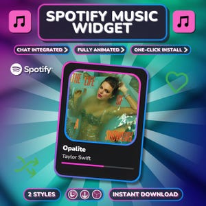 Puede incluir: Un widget de música digital de Spotify con una interfaz central que muestra la portada de un álbum con una persona en el agua, el texto Opalite de Taylor Swift y una barra de progreso. El fondo tiene un diseño radial azul y morado.
