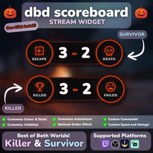 May include: A digital scoreboard stream widget with a dark background, featuring game stats and icons. The text "dbd scoreboard" and "STREAM WIDGET" are displayed. The scoreboard shows scores like 3-2, with options to customize color, style, and animations.