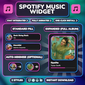Puede incluir: Diseño de widget de música de Spotify digital con fondo oscuro y acentos de neón rosa y azul. El widget muestra información de la canción, carátulas de álbumes y controles de reproducción. El texto incluye "Spotify Music Widget", "Chat Integrated" y "Instant Download".