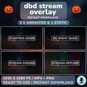 Może przedstawiać: Cyfrowa nakładka do streamowania, z ciemnym tłem i czterema sekcjami: "Starting Soon", "Be Right Back", "Stream Ending" i "Stream Offline". Zawiera animowane elementy i grafikę dyni. Nakładka ma wymiary 1920 x 1080 px.