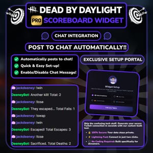 Puede incluir: Gr&aacute;fico promocional para un widget de marcador Dead by Daylight Pro. La imagen presenta el texto "Post to Chat Automatically!!" y "Exclusive Setup Portal". Tambi&eacute;n incluye una pantalla de configuraci&oacute;n de widgets y una lista de funciones.