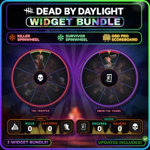 May include: Dead by Daylight Widget Bundle featuring a Killer Spinwheel with The Trapper, a Survivor Spinwheel with Kwon Tae-young, and a DBD Pro Scoreboard. The interface includes tracking for kills, escapes, and deaths with icons.