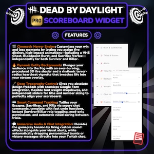 Puede incluir: Imagen promocional del "Dead by Daylight Pro Scoreboard Widget". El gr&aacute;fico presenta el nombre del producto en blanco y morado, con una lista de caracter&iacute;sticas y una vista previa de la interfaz de usuario. Las caracter&iacute;sticas incluyen un motor de terror cinematogr&aacute;fico y fondos de entidad din&aacute;micos.