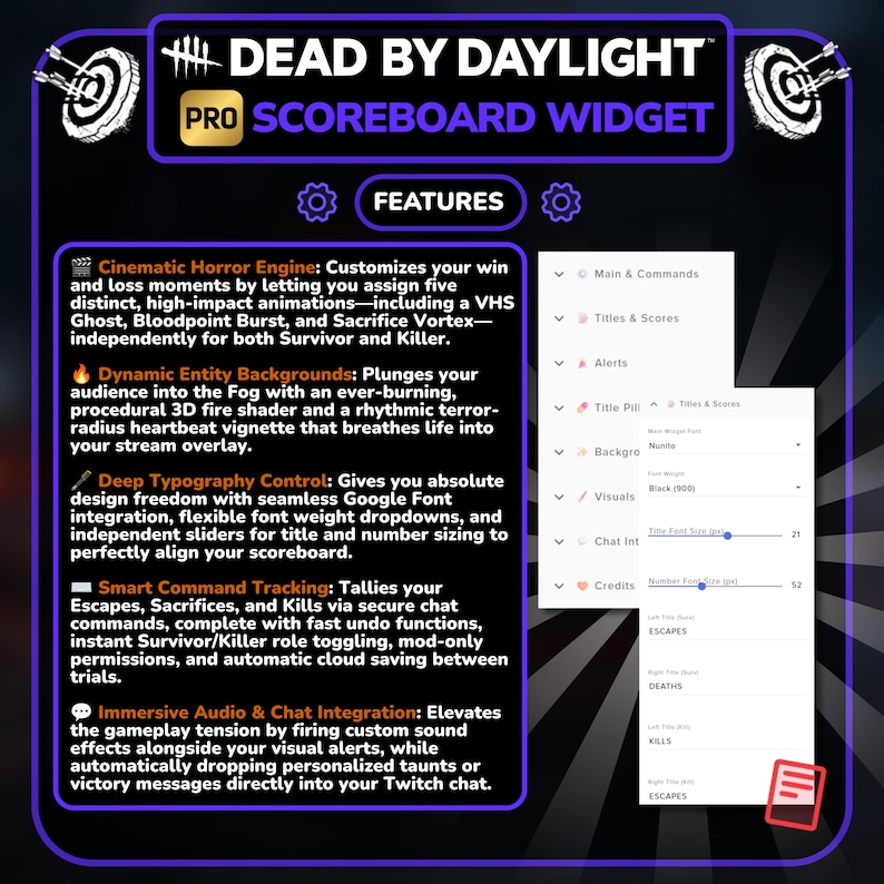 Puede incluir: Imagen promocional del "Dead by Daylight Pro Scoreboard Widget". El gr&aacute;fico presenta el nombre del producto en blanco y morado, con una lista de caracter&iacute;sticas y una vista previa de la interfaz de usuario. Las caracter&iacute;sticas incluyen un motor de terror cinematogr&aacute;fico y fondos de entidad din&aacute;micos.