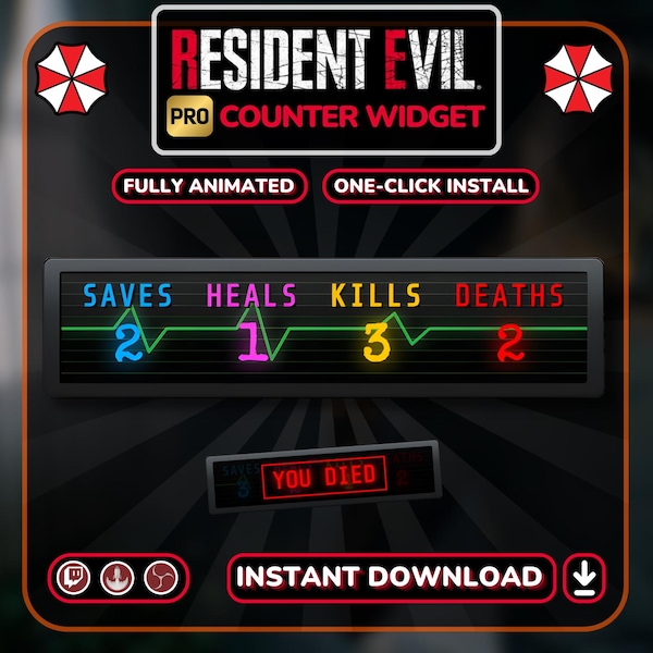 Twitch Pro Counter Widget - Saves Session Data - Animated Resident Evil Style with Chat Commands