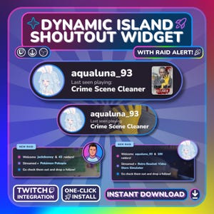 May include: A vibrant graphic for a "Dynamic Island Shoutout Widget" with a purple and yellow gradient background. It features user profiles, game titles, and the text "Twitch Integration", "One-Click Install", and "Instant Download".