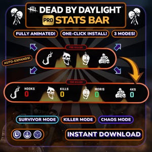 Könnte beinhalten: Eine digitale Dead by Daylight Pro Statistikleiste mit Symbolen für Haken, Kills, Moris und 4ks. Die Benutzeroberfläche enthält Textbeschriftungen für Survivor-, Killer- und Chaos-Modi in einem orange-schwarzen Farbschema mit Sofort-Download-Hinweis.