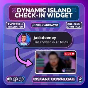 May include: A digital graphic with the text "DYNAMIC ISLAND CHECK-IN WIDGET". It features a profile picture and a live video feed. The text "jackdeeney" is displayed, along with "Has checked in 13 times!"