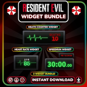 May include: A digital graphic for a "Resident Evil Widget Bundle" featuring a death counter, heart rate, and speedrun widgets. The widgets display vital stats in green and red against a black background. The image includes the text "Instant Download".