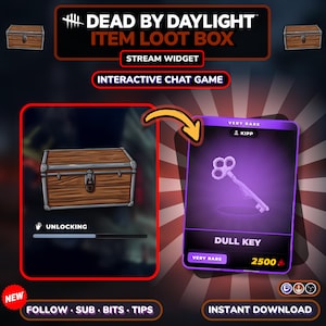 Może przedstawiać: Grafika promocyjna dla widżetu strumienia skrzyni z łupami przedmiotów Dead by Daylight. Obraz przedstawia drewnianą skrzynię, fioletową kartę z kluczem oraz tekst "Dull Key" i "Very Rare". Grafika zawiera również tekst "Follow, Sub, Bits, Tips".
