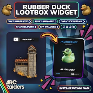 Könnte beinhalten: Werbegrafik für ein "Rubber Duck Lootbox Widget" mit einer Illustration einer Alien-Ente. Das Bild enthält Text wie "Chat integriert", "Voll animiert" und "Sofortiger Download". Ein Gebäude mit Tauben ist ebenfalls abgebildet.
