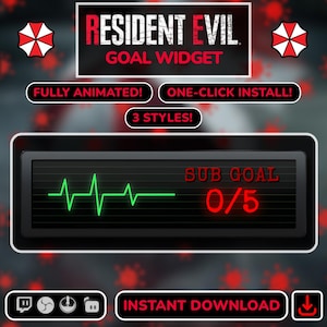 Puede incluir: Gráfico digital con el texto "RESIDENT EVIL GOAL WIDGET". La imagen presenta una pantalla negra que muestra una línea de latido cardíaco verde y el texto rojo "SUB GOAL 0/5". Texto adicional incluye "FULLY ANIMATED!" y "ONE-CLICK INSTALL!"